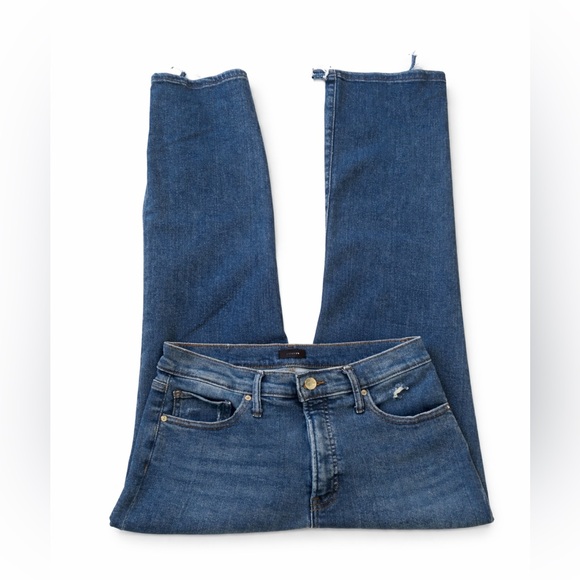 Express Denim - Express Medium Wash Raw Hem Straight Leg Jeans Distressed Denim Women’s Size 10R